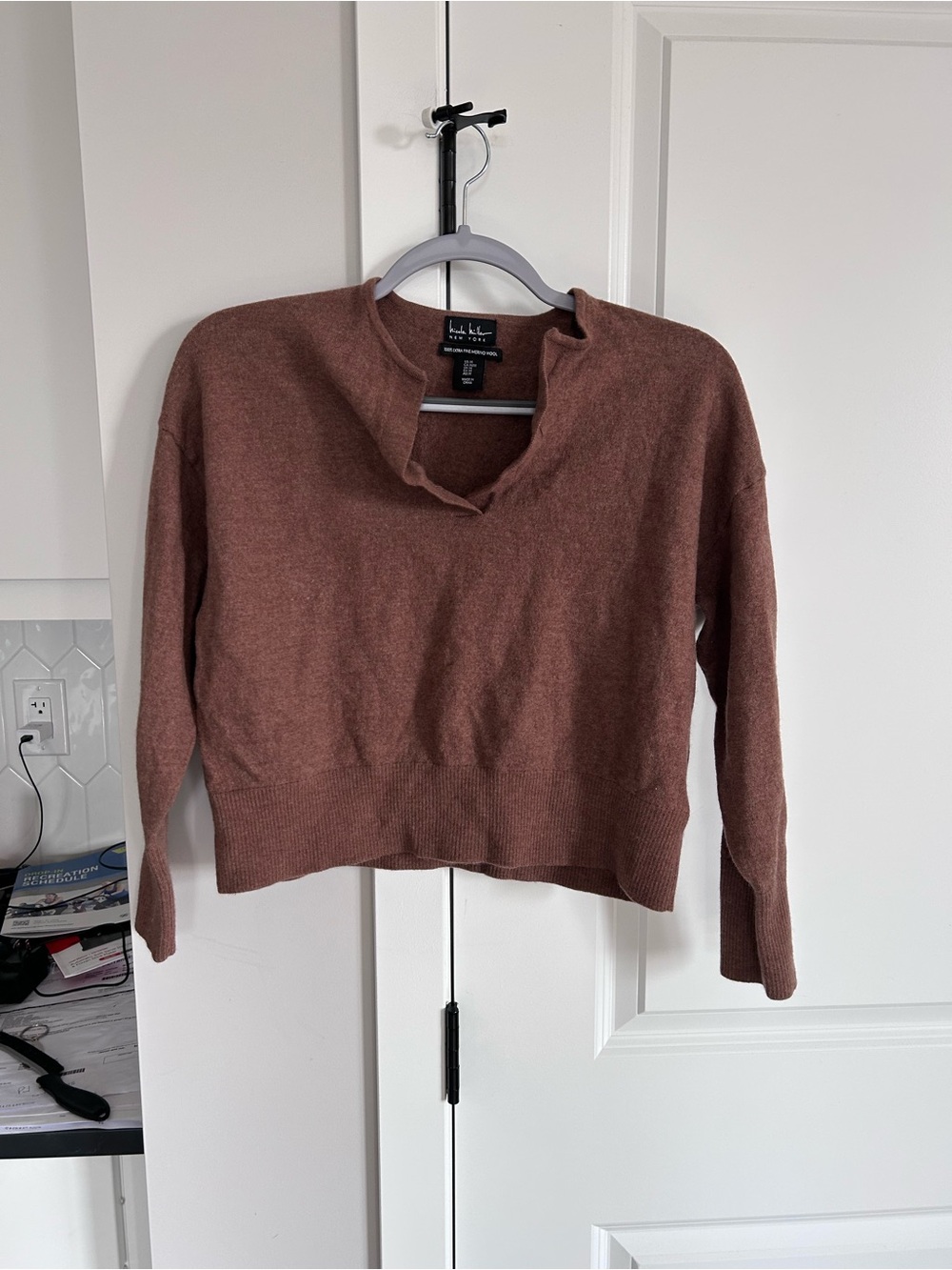 Nicole Miller 100% Extra Fine Merino Wool Brown Sweater Cozy Minimalist Neutral